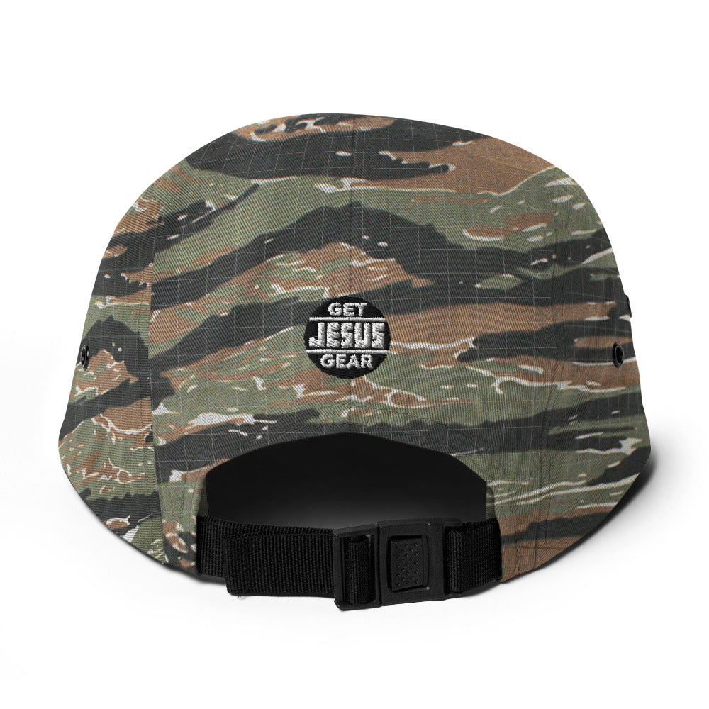 Tiger Camo JESUS Hat, Five Panel Cap, Christian Baseball Hats, White Embroidery, JESUS Camper Hats, Back