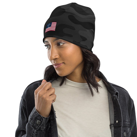 God and Country Hat, USA Flag Beanie, Patriotic Beanie, American, Christian, Cross and Stripes Beanie, Black Camo Winter Hat