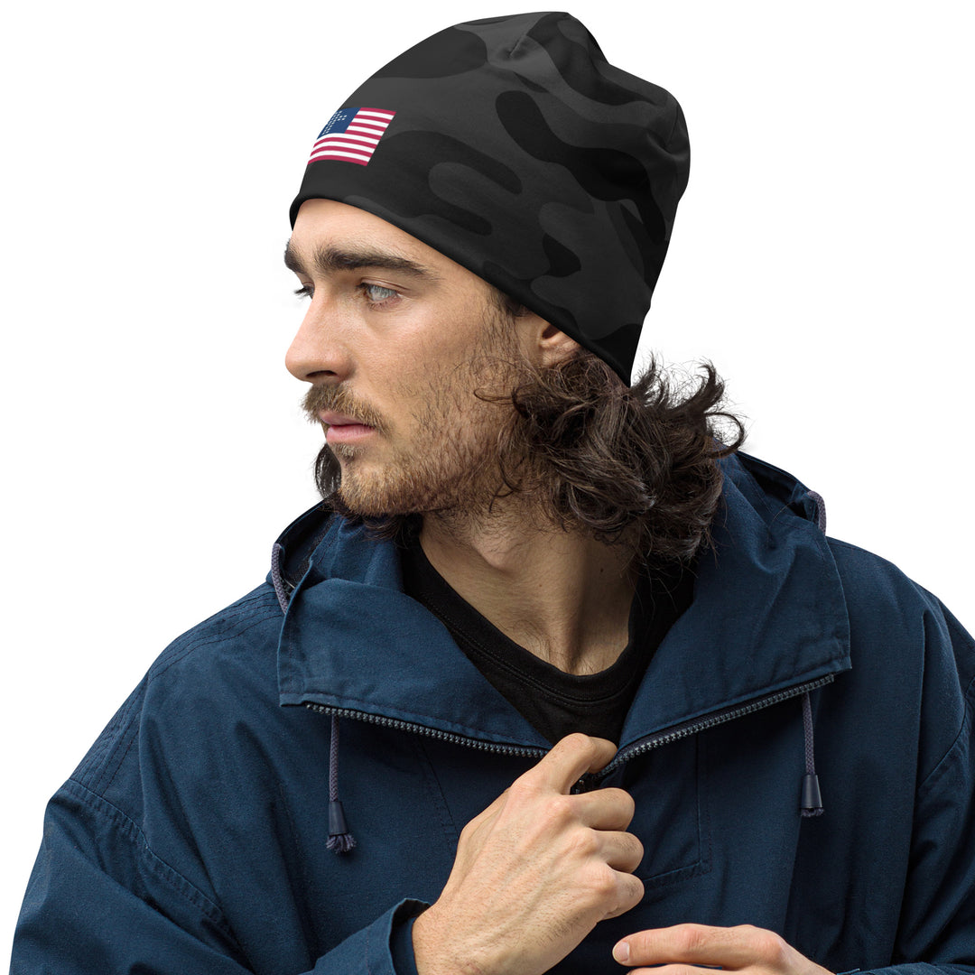 Cross & Stripes Beanie, Black Camo 2.0, USA Winter Hat, Christian Beanies