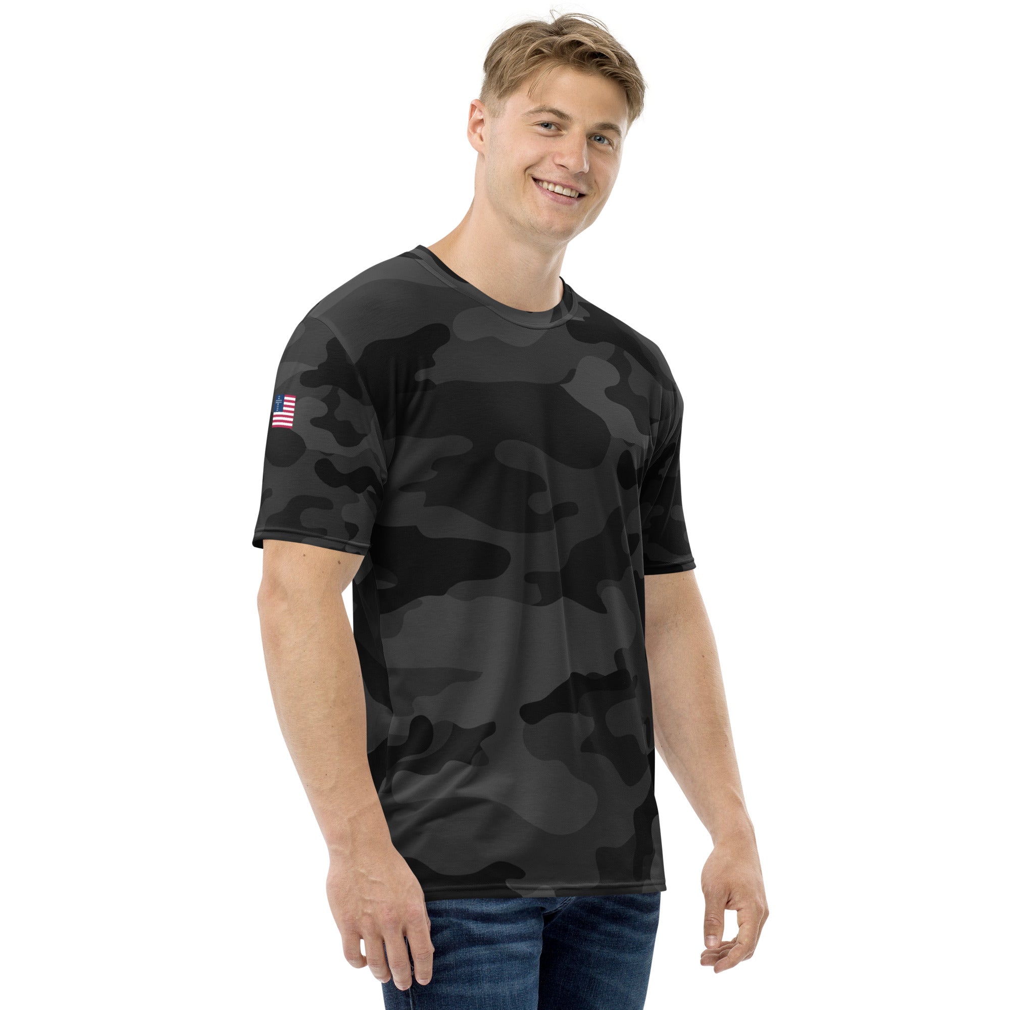 Cross & Stripes, Mens T-Shirt, Black Camo 2.0, Christian, USA, Camo Tees, Front