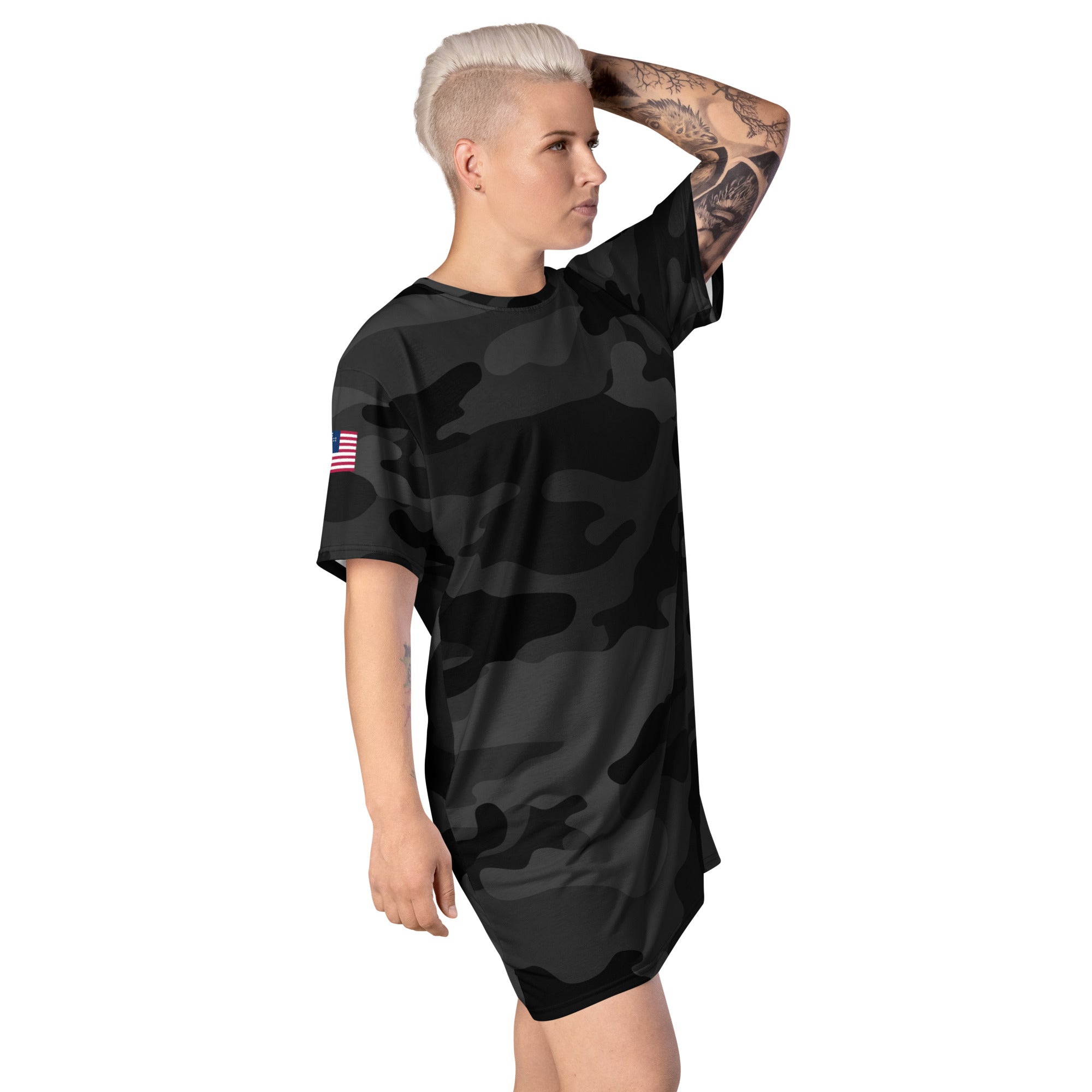 Cross & Stripes, T-Shirt Dress, Black Camo 2.0, Christian, USA, Long Tees, Woman Side