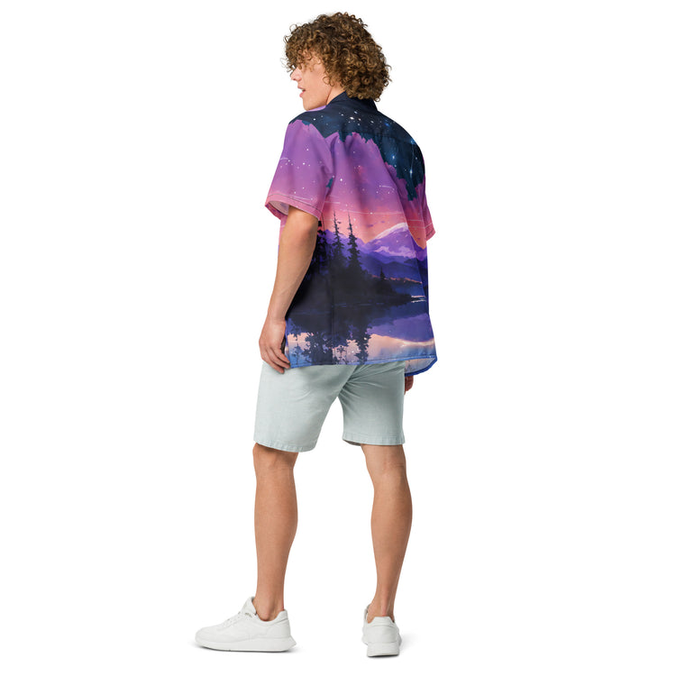 Scenic Shirt, Starry Mountain Lake, Panoramic Button Shirt, Night Sky Shirt, Man Back