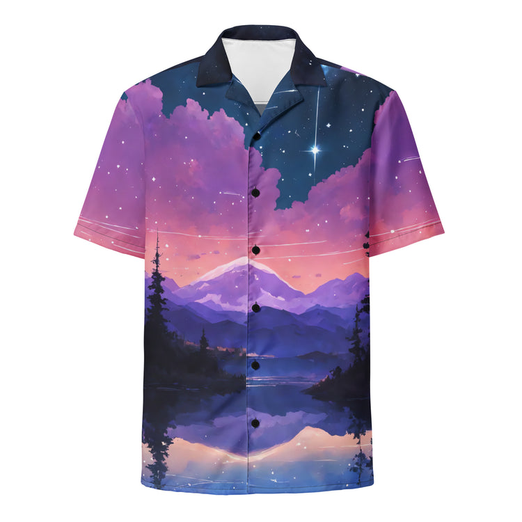 Scenic Shirt, Starry Mountain Lake, Panoramic Button Shirt, Night Sky Shirt, Front