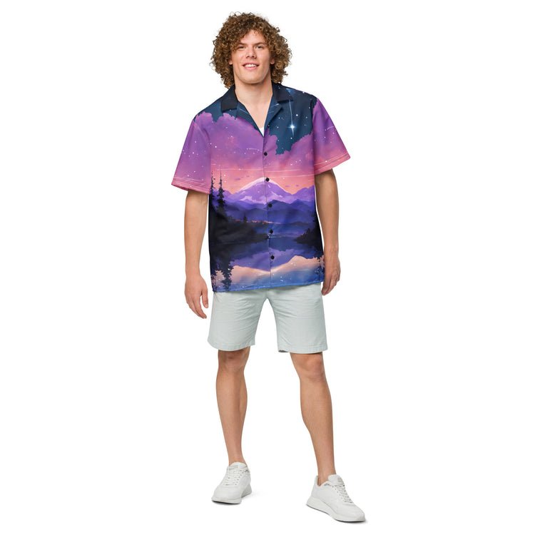 Scenic Shirt, Starry Mountain Lake, Panoramic Button Shirt, Night Sky Shirt, Man