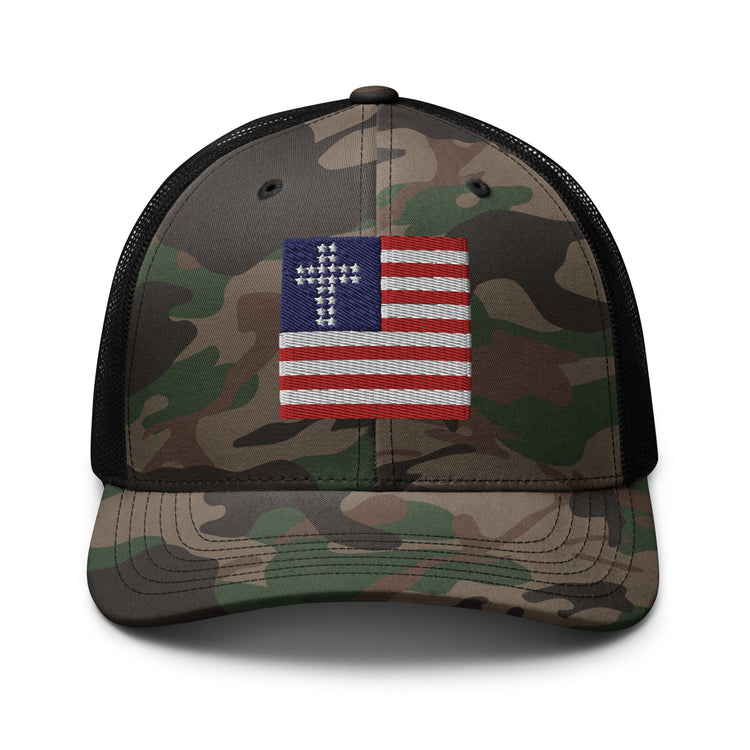 Camo Black, Cross & Stripes Trucker Hat, USA Trucker Hats, Christian Trucker Cap, Patriotic Mesh Hat, Camo Trucker Hat