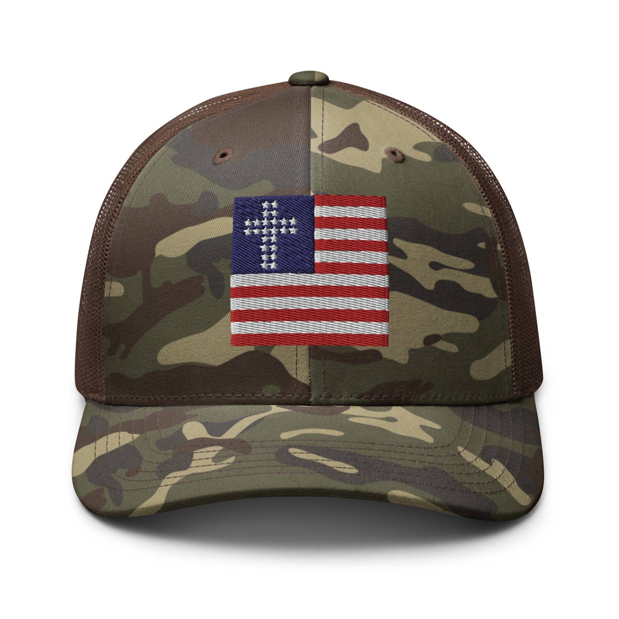 Camo Brown, Cross & Stripes Trucker Hat, USA Trucker Hats, Christian Trucker Cap, Patriotic Mesh Hat, Camo Trucker Hat