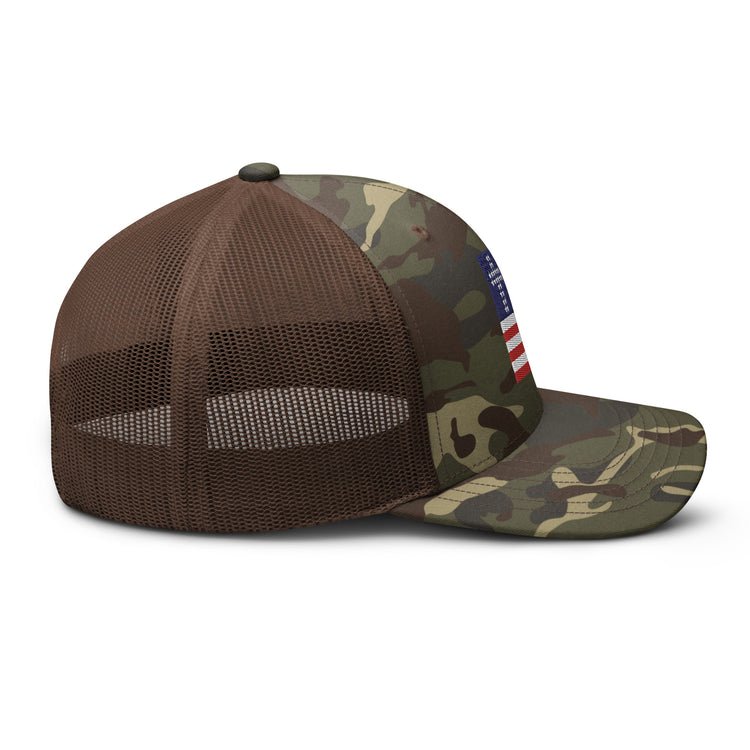 Camo Brown, Cross & Stripes Trucker Hat, USA Trucker Hats, Christian Trucker Cap, Patriotic Mesh Hat, Camo Trucker Hat, Side