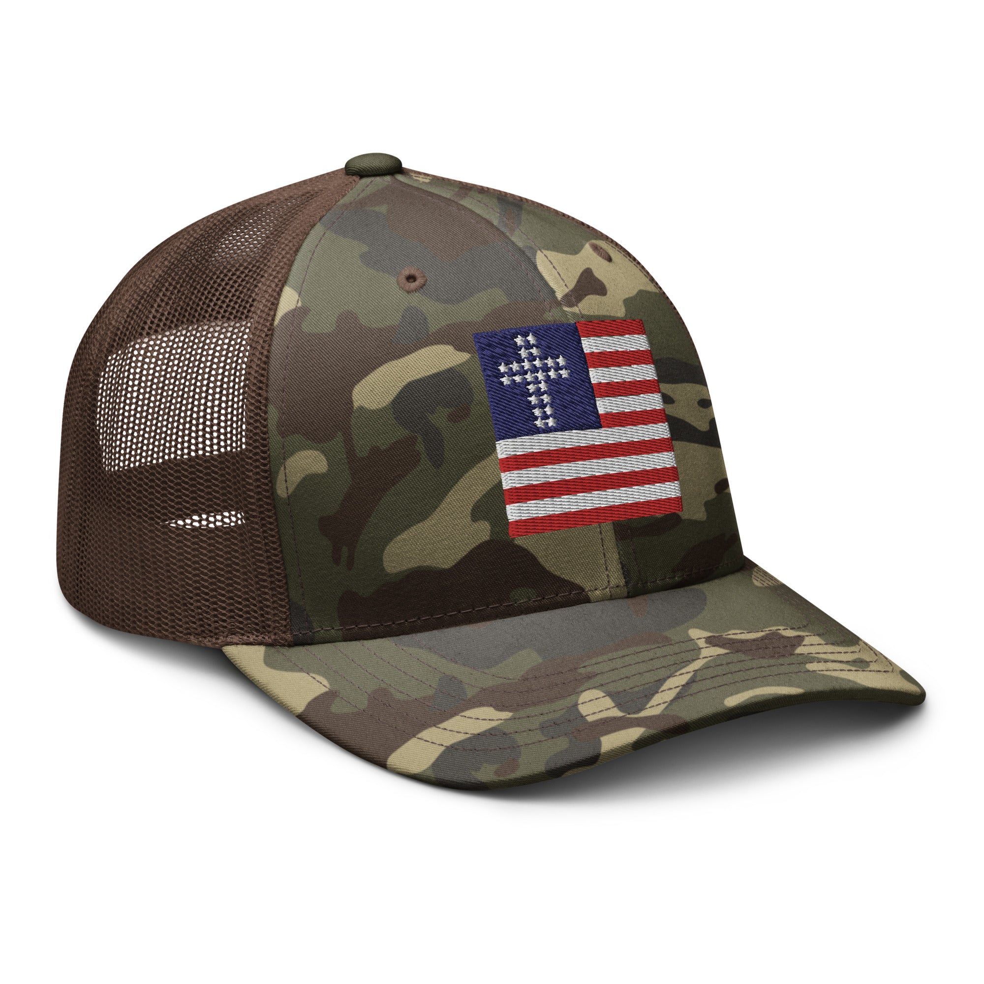 Camo Brown, Cross & Stripes Trucker Hat, USA Trucker Hats, Christian Trucker Cap, Patriotic Mesh Hat, Camo Trucker Hat, Front Side