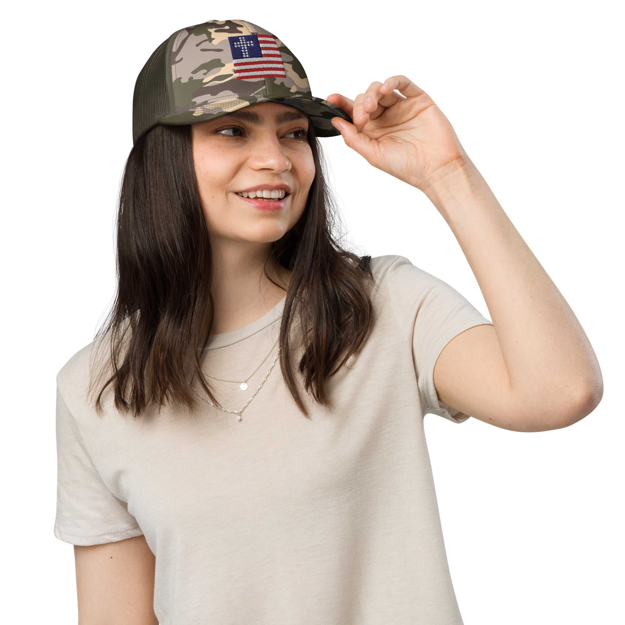 Camo Olive, Cross & Stripes Trucker Hat, USA Trucker Hats, Christian Trucker Cap, Patriotic Mesh Hat, Camo Trucker Hat, Woman