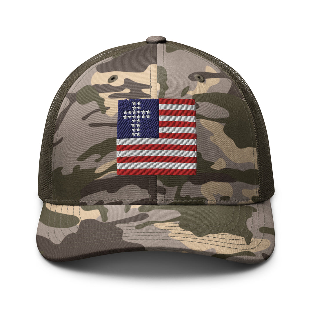 Camo Olive, Cross & Stripes Trucker Hat, USA Trucker Hats, Christian Trucker Cap, Patriotic Mesh Hat, Camo Trucker Hat