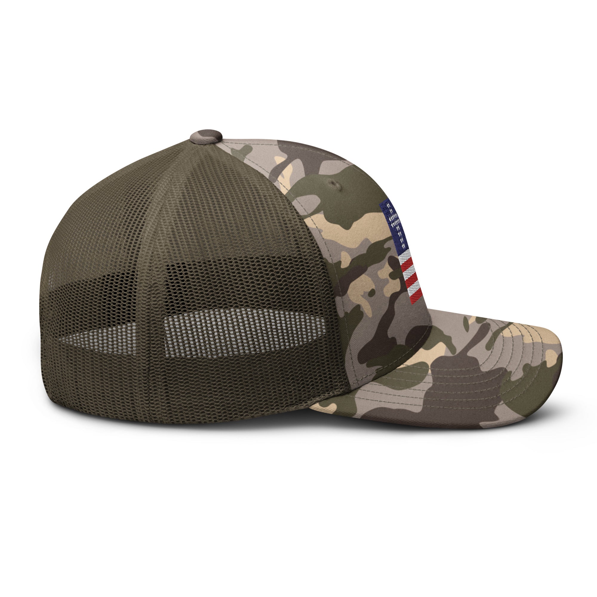 Camo Olive, Cross & Stripes Trucker Hat, USA Trucker Hats, Christian Trucker Cap, Patriotic Mesh Hat, Camo Trucker Hat, Side2