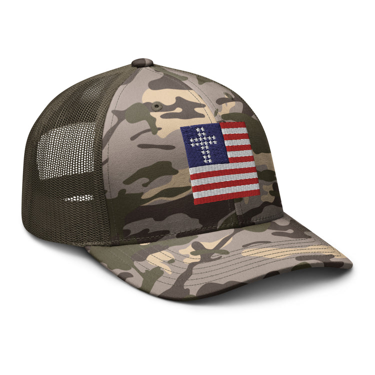 Camo Olive, Cross & Stripes Trucker Hat, USA Trucker Hats, Christian Trucker Cap, Patriotic Mesh Hat, Camo Trucker Hat, Side