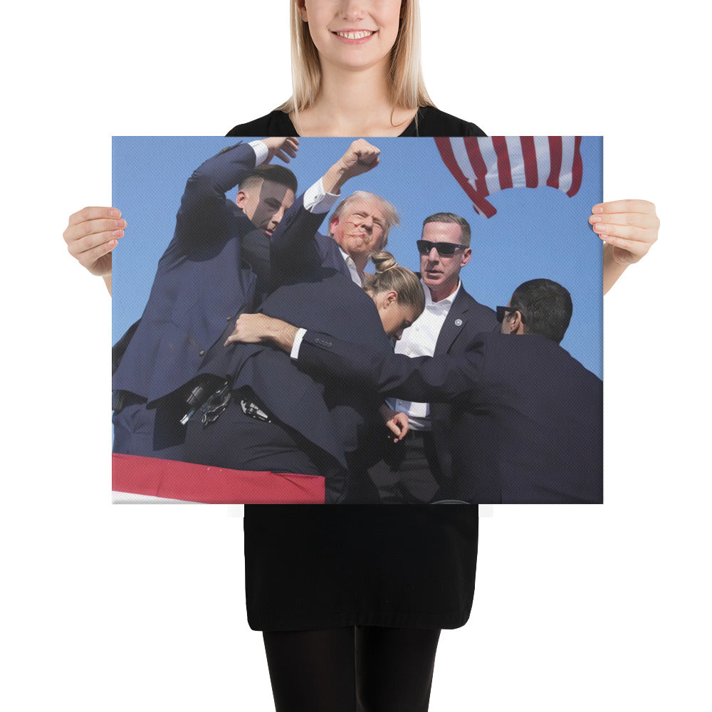 Donald Trump Shooting, Canvas Wall Art, Shot Heard Around the World, Fight, Fist, USA, Flag, Patriotic, President, Never Surrender