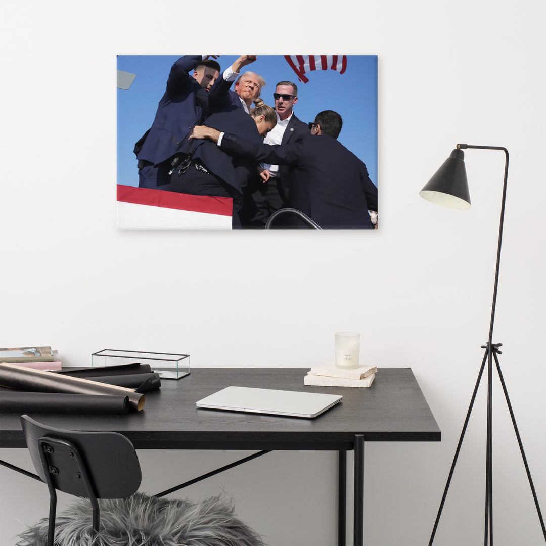 Donald Trump Shooting, Canvas Wall Art, Shot Heard Around the World, Fight, Fist, USA, Flag, Patriotic, President, Never Surrender