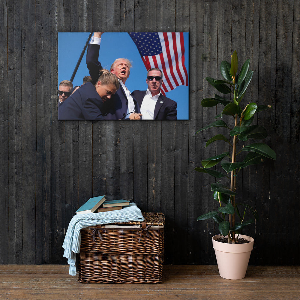 Donald Trump Shooting, Canvas Print, Shot Heard Around the World, Fight, Fist, USA, Flag, Patriotic, President, Never Surrender