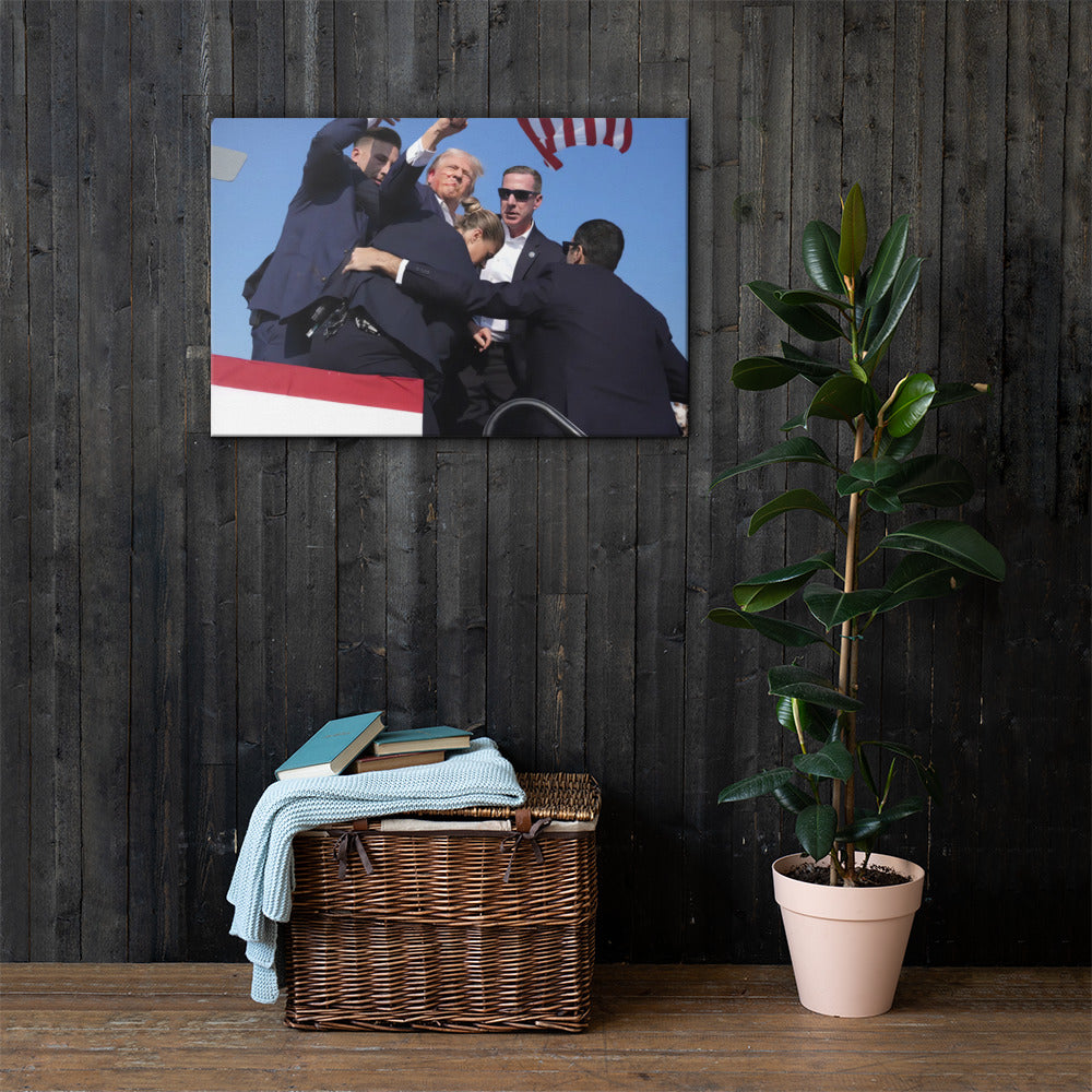 Donald Trump Shooting, Canvas Wall Art, Shot Heard Around the World, Fight, Fist, USA, Flag, Patriotic, President, Never Surrender