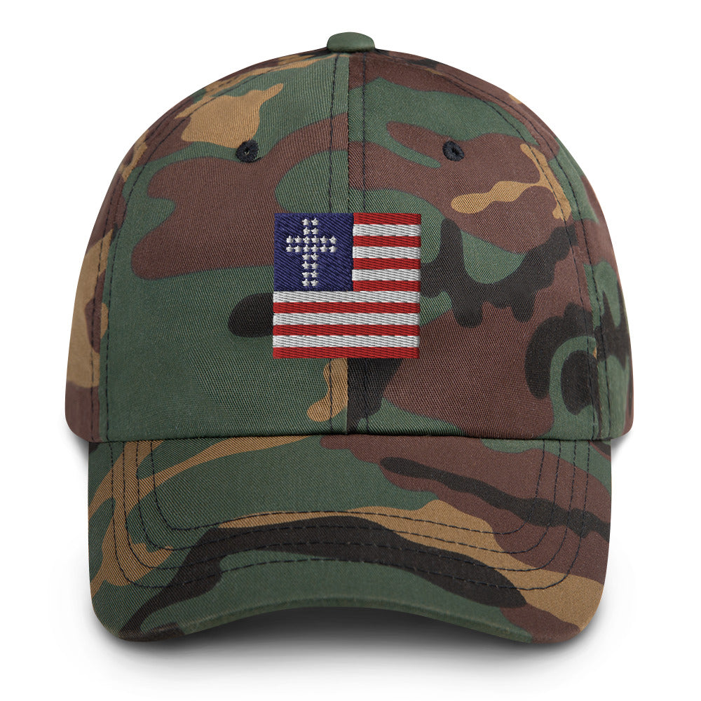 Green Camo Patriotic Hat, Cross & Stripes Flag, Christian Baseball Hats, USA Baseball Cap