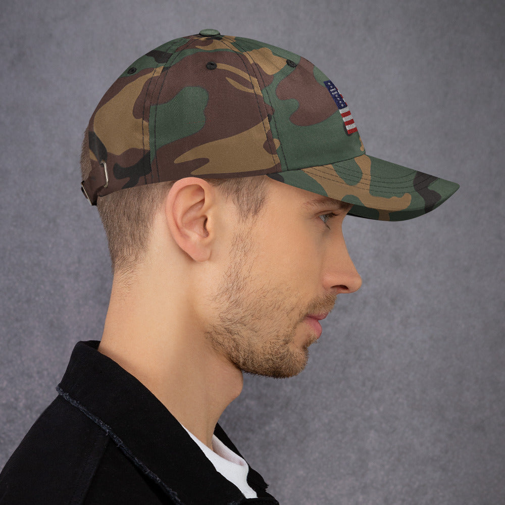 Green Camo Patriotic Hat, Cross & Stripes Flag, Christian Baseball Hats, USA Baseball Cap, Side