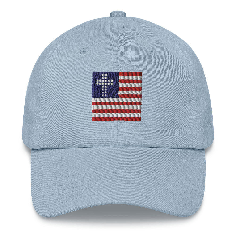 Light Blue Patriotic Hat, Cross & Stripes Flag, Christian Baseball Hats, USA Baseball Cap