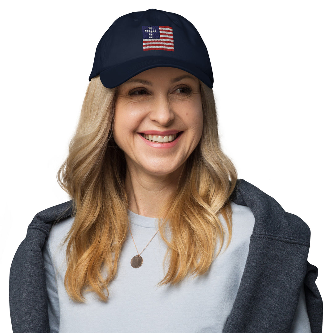 Navy Blue Patriotic Hat, Cross & Stripes Flag, Christian Baseball Hats, USA Baseball Cap, Woman