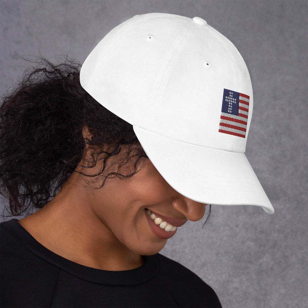 White Patriotic Hat, Cross & Stripes Flag, Christian Baseball Hats, USA Baseball Cap, Side