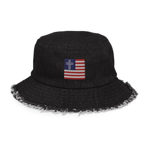 Black Denim Beach Hat, Christian Beach Hat, Distressed Bucket Cap, Distressed Bucket Hat, Frayed USA Hat, Patriotic Beach Hat