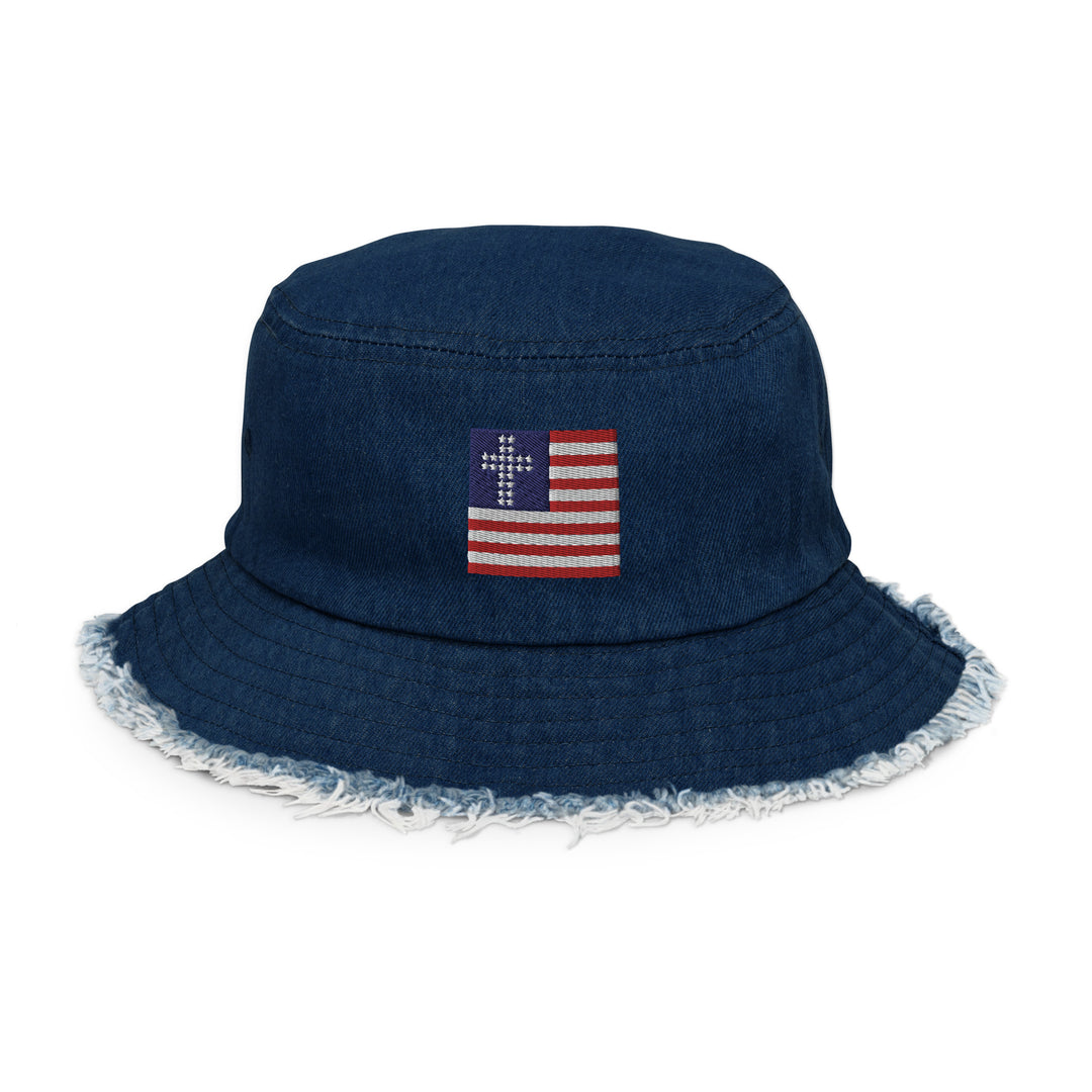 Denim Beach Hat, Christian Beach Hat, Distressed Bucket Cap, Distressed Bucket Hat, Frayed USA Hat, Patriotic Beach Hat, Christian USA Flag Beach Hat