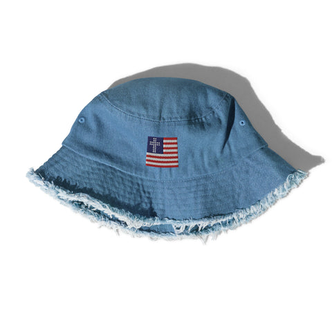 Light Denim Beach Hat, Christian Beach Hat, Distressed Bucket Cap, Distressed Bucket Hat, Frayed USA Hat, Patriotic Beach Hat, Folded Christian USA Flag Beach Hat