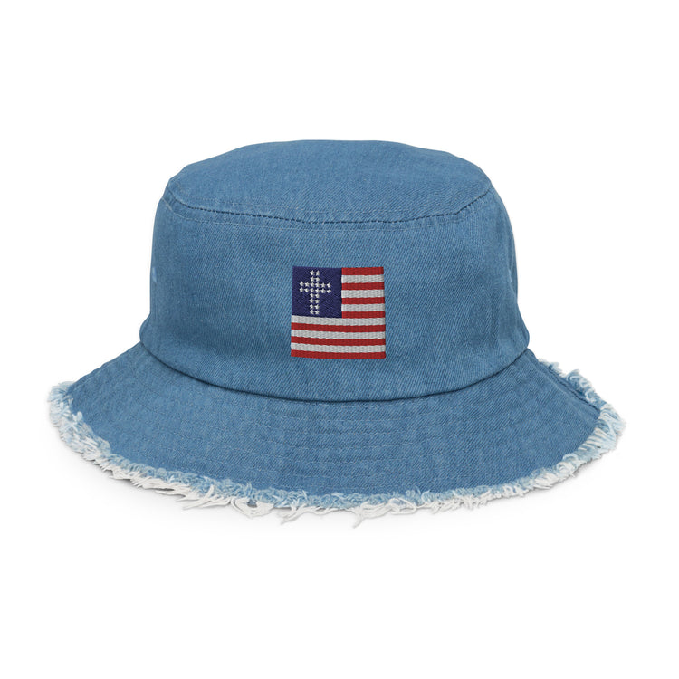 Light Denim Beach Hat, Christian Beach Hat, Distressed Bucket Cap, Distressed Bucket Hat, Frayed USA Hat, Patriotic Beach Hat, Christian USA Flag Beach Hat