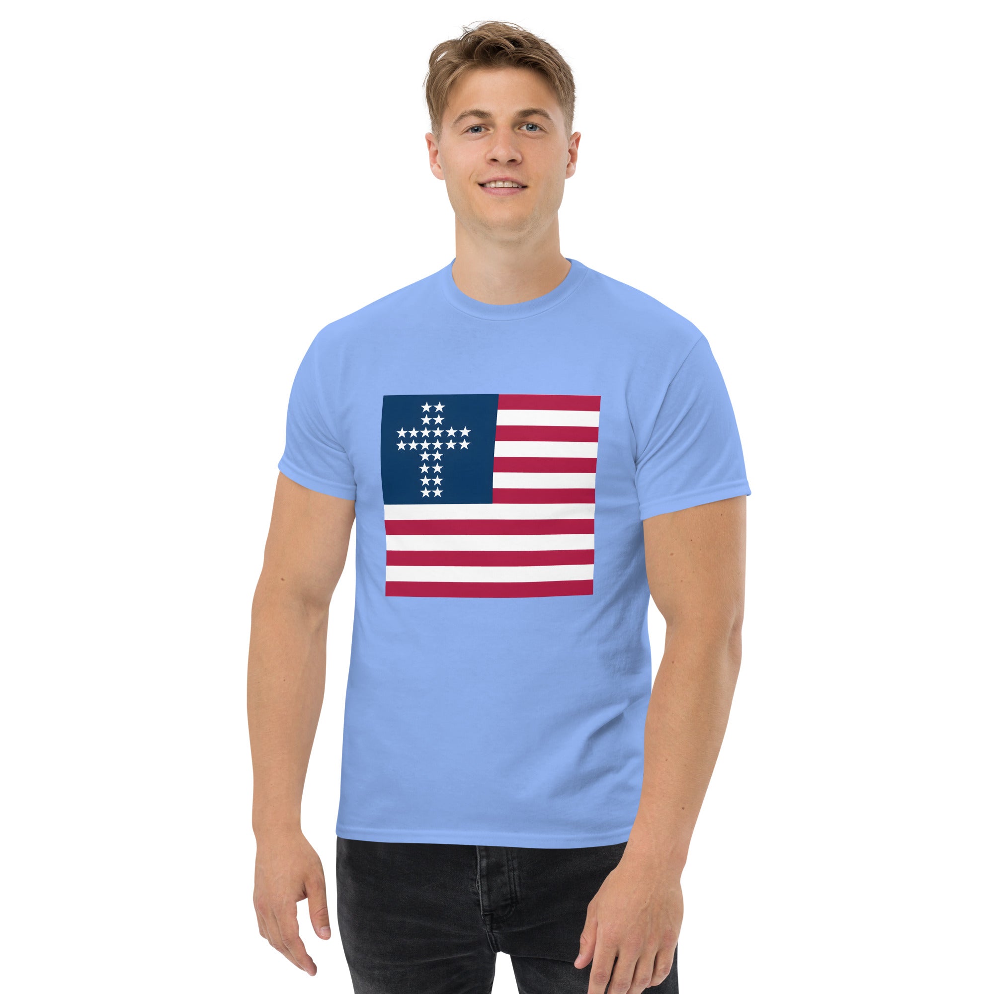 Cross & Stripes, Carolina Blue Tee, Christian, American Flag, JESUS Shirt, Patriotic Tee, USA Shirts