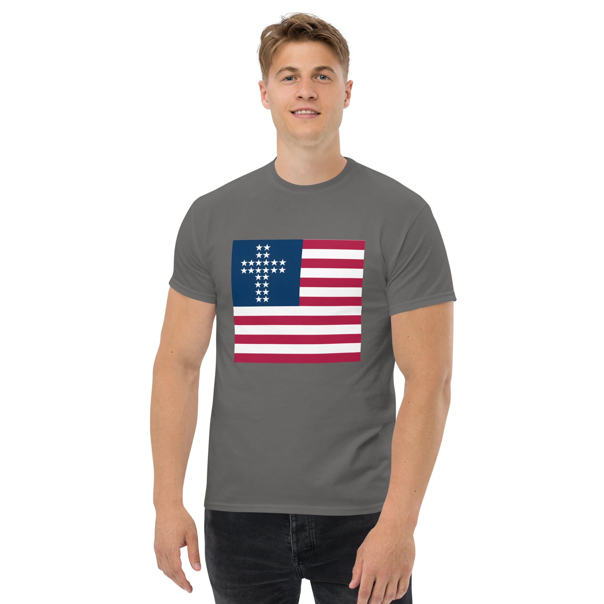 Cross & Stripes, Charcoal Grey Tee, Christian, American Flag, JESUS Shirt, Patriotic Tee, USA Shirts