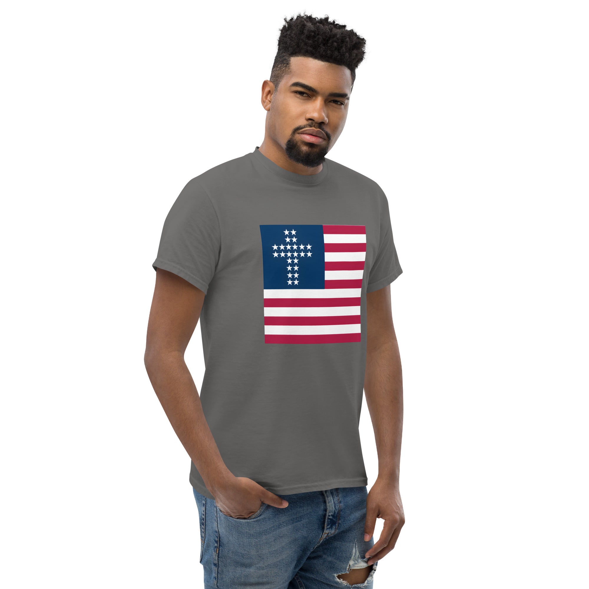 Cross & Stripes, Charcoal Grey Tee, Christian, American Flag, JESUS Shirt, Patriotic Tee, USA Shirts, Unisex