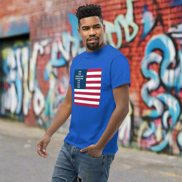 Man wearing Cross & Stripes shirt, Royal Blue Tee, Christian, American Flag, JESUS Shirt, Patriotic Tee, USA Shirts
