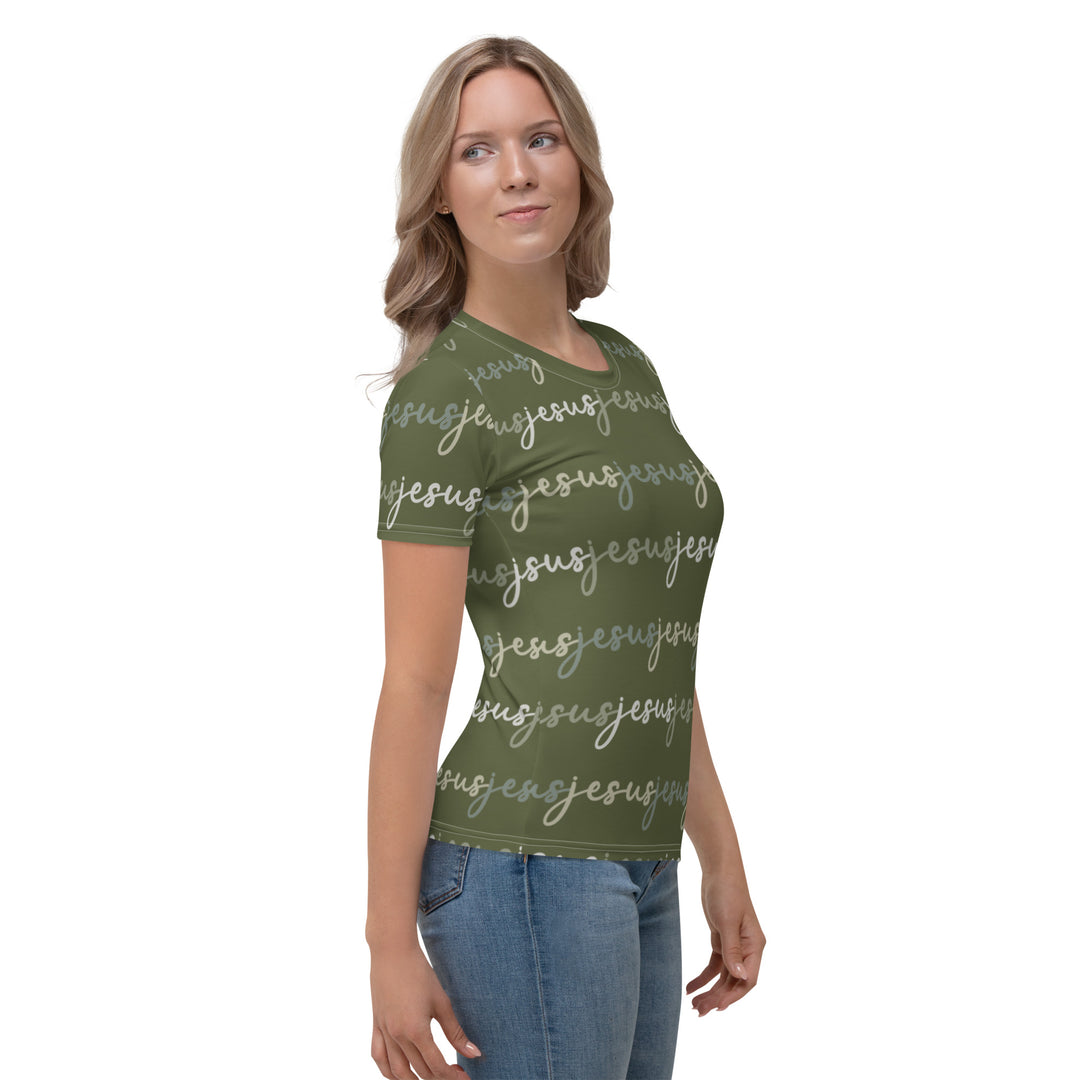 Womens JESUS  T Shirt - Green Camo INK-FINITY