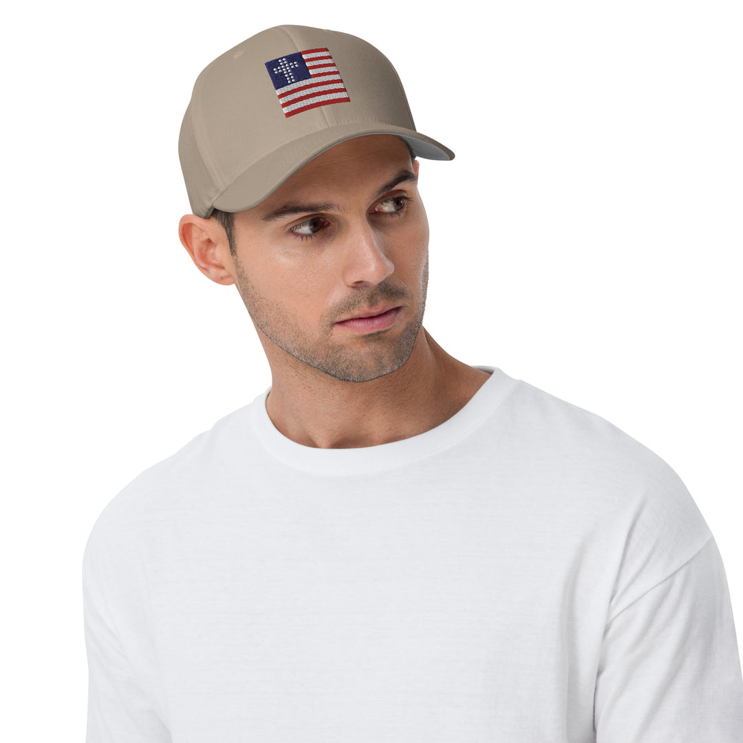 Khaki, Cross & Stripes Structured Cap, Christian Fitted Hat, USA Hats, Christian Baseball Cap