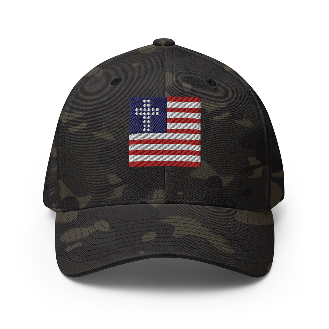 Multicam Black, Cross & Stripes Structured Cap, Christian Fitted Hat, USA Hats, Christian Baseball Cap