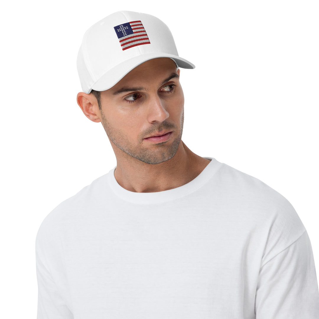 White, Cross & Stripes Structured Cap, Christian Fitted Hat, USA Hats, Christian Baseball Cap