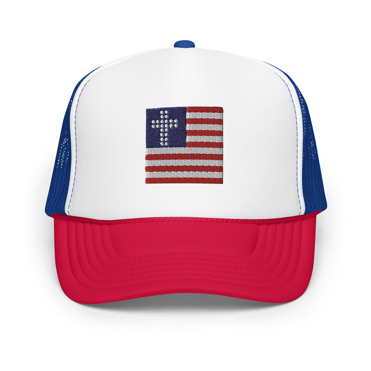 White, Royal, Red, Cross & Stripes Trucker Hat, USA Trucker Hats, Christian Trucker Cap, Patriotic Mesh Hat