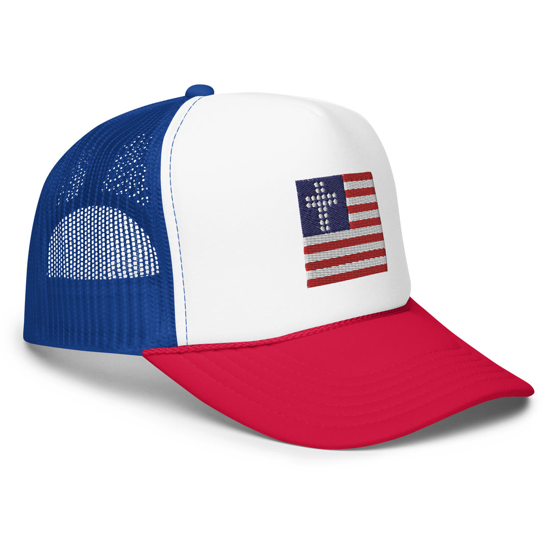 White, Royal, Red, Cross & Stripes Trucker Hat, USA Trucker Hats, Christian Trucker Cap, Patriotic Mesh Hat, Side