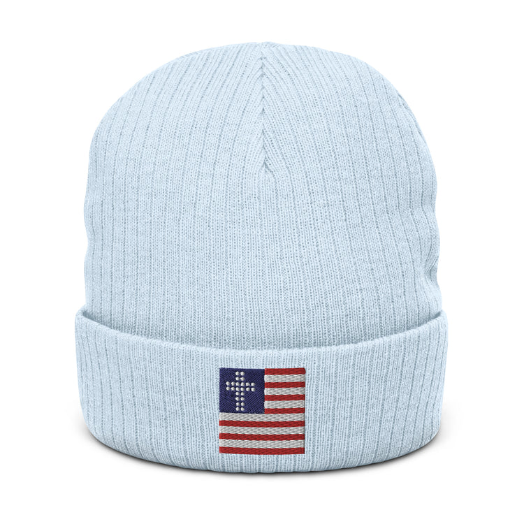 Cross & Stripes, Light Blue Christian Ribbed Knit Beanie, Ribbed Knit, USA Winter Hat, Jesus Beanies