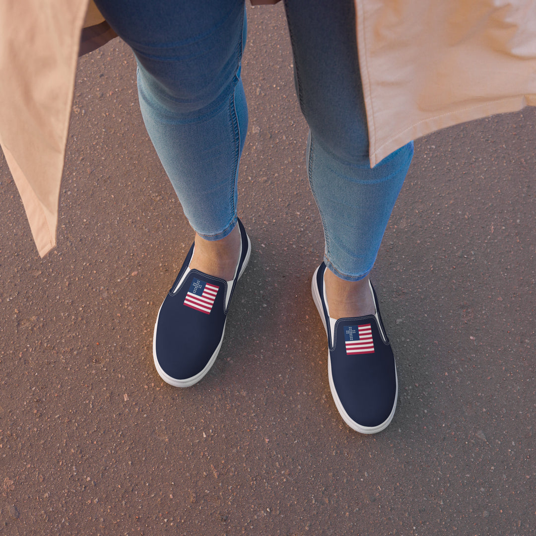 Womens Cross & Stripes Slip-On Canvas Shoes - Navy